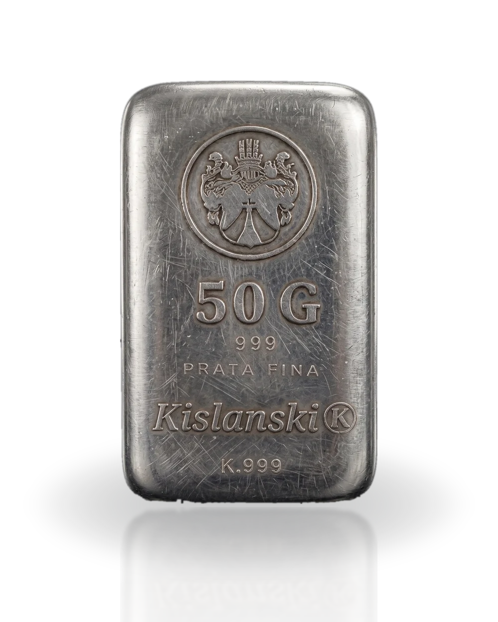 Barra de prata fina Kislanski 50g .999, fundida e com o brasão da casa